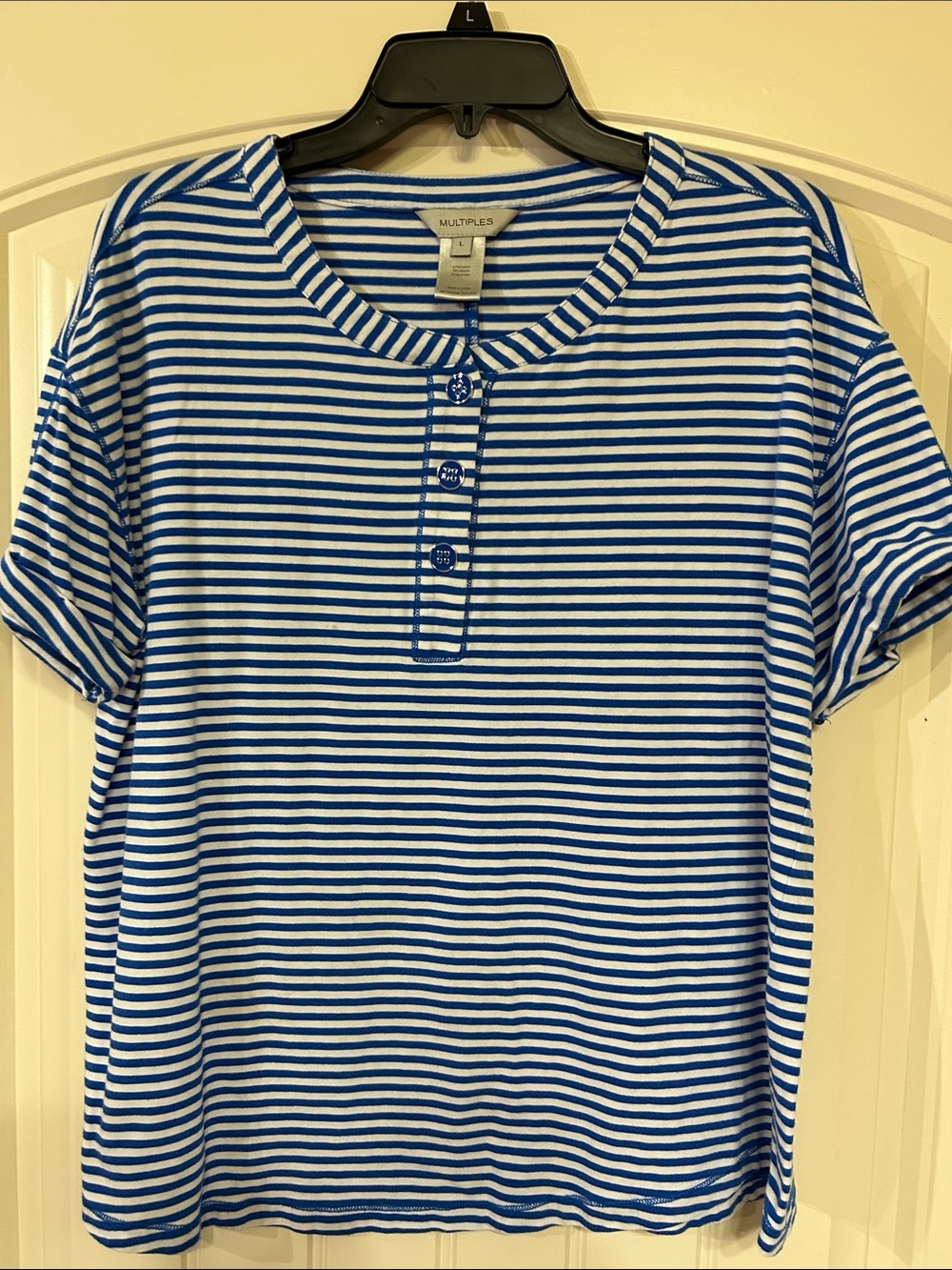 Multiples Blue and White Striped Henley Tee Size L #212